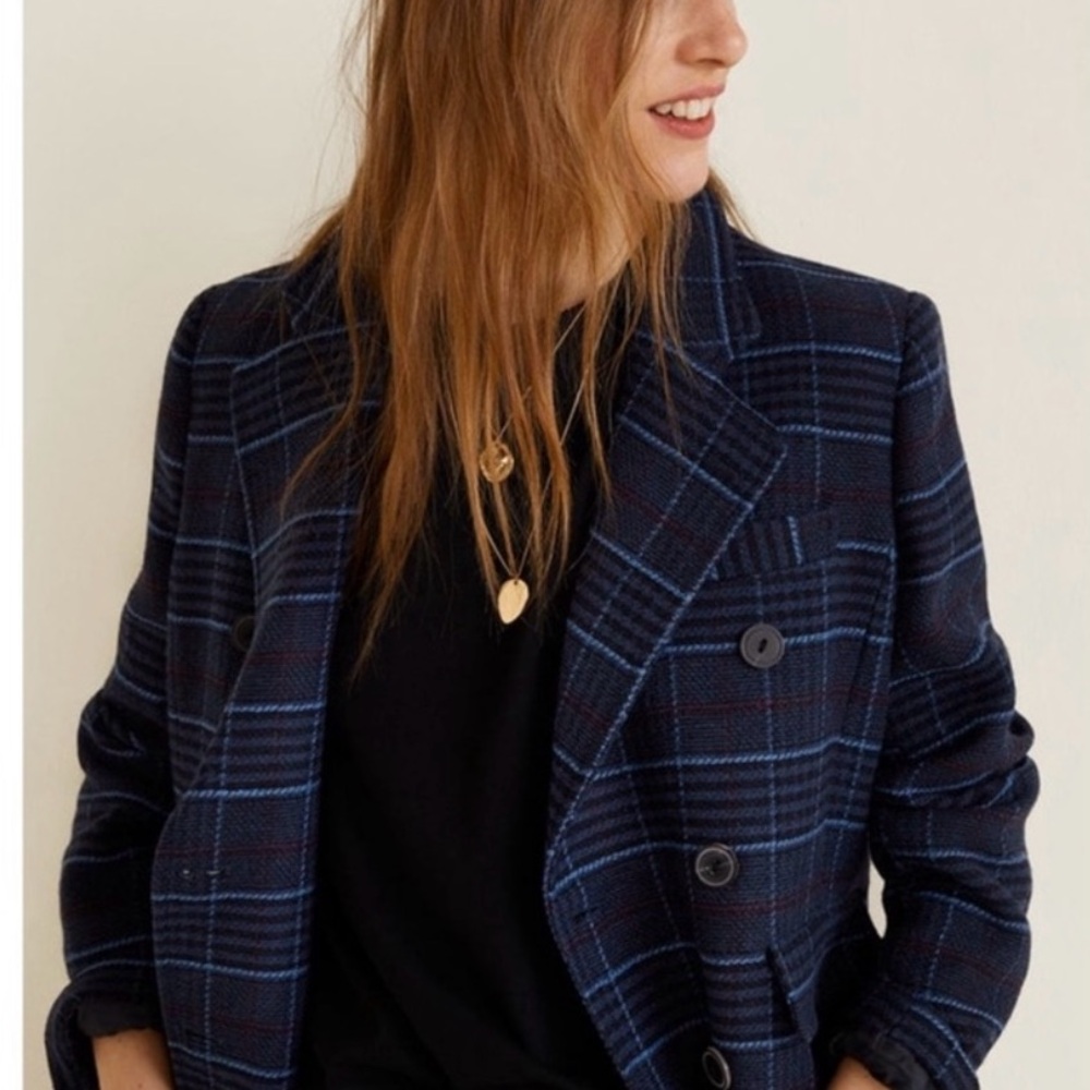 MANGO Navy Blue Plaid Double Breasted Wool Coat Lapels Wool Trench Coat Size XS - Picture 2 of 9